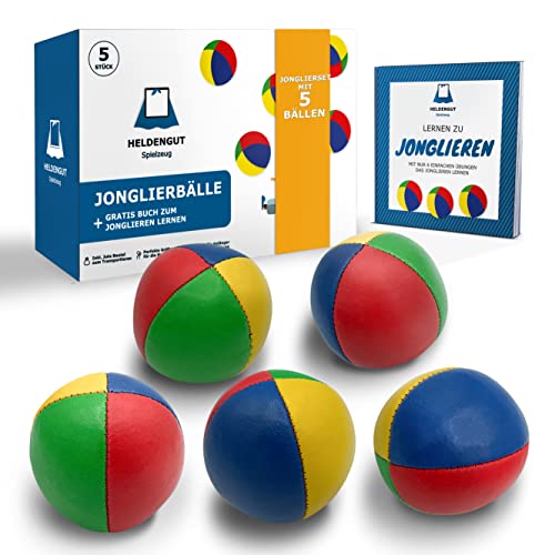HELDENGUT [5X] geliebte Jonglierbälle für Kinder, Erwachsene, Anfänger & Profis - Perfekt ausbalancierter Jonglierball zum optimalen Jonglieren - Juggling Balls inkl. Jonglierbuch