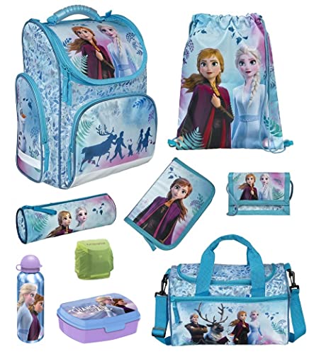 Familando Frozen Mädchen Schulranzen-Set 9-TLG. Modell CLOU Ranzen 1. Klasse | Schul-Tasche Disney Die Eiskönigin ELSA und Anna mit Sporttasche und Regenschutz | Türkis | für Mädchen