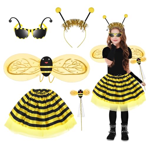 IWTBNOA Bienenkostüm Kinder, 5 Stück Bienen Kostüm Kind, Hummel Kostüm Biene, Bienen Kostüm Zubehör mit Haarreif, Flügel, Rock, Zauberstab, Brille, Marienkäfer Kostüm, Karneval Faschingskostüm Biene