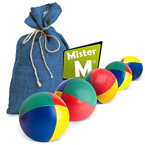 Mister M | 5 Jonglierbälle im blauen Jutesack | Leicht zu greifen | wasserdichte Beschichtung und umweltfreundliche Polsterung | Geeignet für Anfänger und Profis | Mit App und Online-Videotutorial