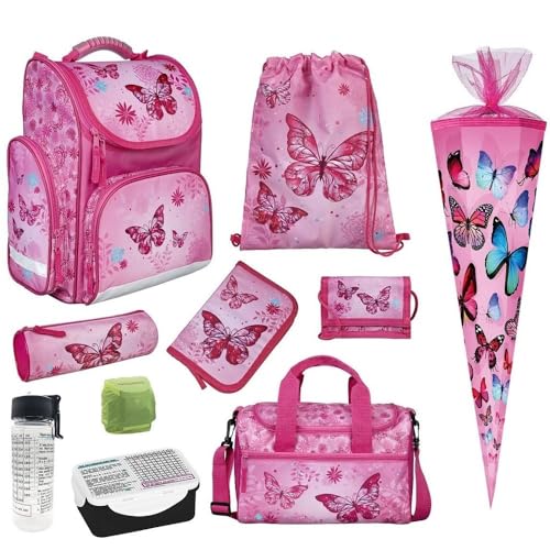 Familando Schmetterling Schulranzen Set für Mädchen 10 TLG · Ranzen 1. Klasse · Schultasche mit Sporttasche Schultüte 85 und Regenschutz · Rosa Butterfly