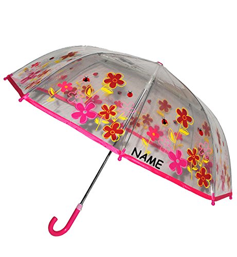 alles-meine.de GmbH Regenschirm - Blumen & Marienkäfer - Kinderschirm transparent incl. Namen - Ø 76 cm - Kinder Stockschirm - für Mädchen Jungen Schirm Kinderregenschirm / Glock..