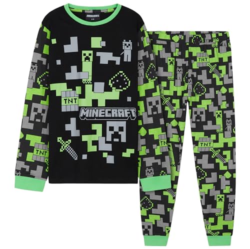 Minecraft Schlafanzug Kinder Baumwolle, Creeper Schlafanzug Jungen Lang mit Oberteil und Pyjamahose 7 bis 14 Jahren - Geschenke für Jungs (Schwarz/Grün, 11-12 Jahre)