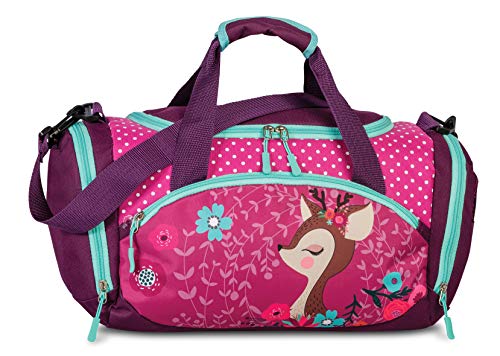 Sporttasche Kinder Reisetasche Umhängetasche mit süßem REH Rehkitz Blumen für Mädchen & Jungen - 14,2 Liter - 35 x 22 x 18,5 cm, lila/pink/türkis