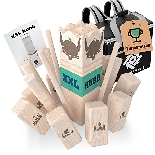XXL Kubb Spiel [Premium] Holz Wikinger Spiel aus Gummibaum Holz – Kubb Hartholz für Erwachsene - mit praktischer Tragetasche