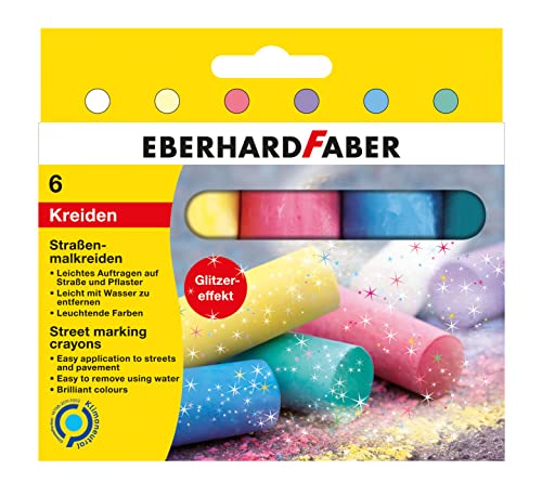 Eberhard Faber 526504 - Straßenmalkreiden in 6 leuchtenden Farben mit Glitzereffekt, im Kartonetui, für bunten Malspaß auf Asphalt, Straßen und Gehwegen