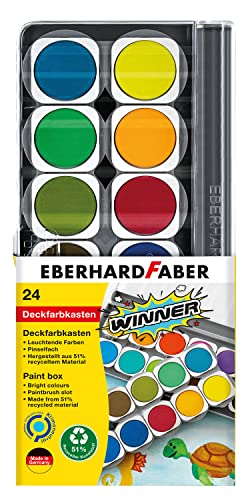 Eberhard Faber 578324 - Winner Deckfarbkasten mit 24 kräftigen Farben in austauschbaren Farbnäpfen, Deckweiß und Pinselfach, Deckel als Mischpalette nutzbar, für Schule, Freizeit und Hobby