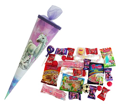 CAPTAIN PLAY Schultüte Einhorn 35cm gefüllt mit Süßigkeiten ohne Schokolade (20-teilig)