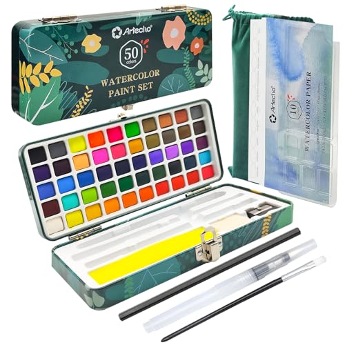 Artecho Aquarellfarben Set 50 Farben in Tragbarer Box Inklusive 4 Fluoreszierende, Wasserfarben with Aquarellpapier, pinsel und andere Zeichnung Werkzeuge, Ideal für Künstler und Hobbymaler