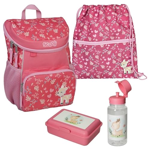 Familando Scooli Mini-Me Kindergarten Rucksack für Mädchen | 4-tlg. Set mit Brotdose und Trinkflasche | Ergonomischer Vorschulrucksack für die Kita | Daisy Deer Reh-Kitz Bambi