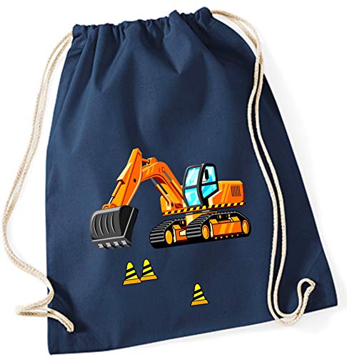 Turnbeutel für Jungen | Motiv Bagger & Baustelle | Stoffbeutel aus Baumwolle zum Zuziehen für Kinder | Zuziehrucksack mit Kordel (dunkelblau)