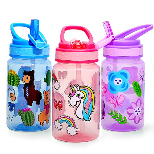 Home Tune Trinkflasche für Kinde - BPA frei, breiter Mund, Flip Sip Top, leicht zu öffnen, leicht, auslaufsichere Wasserflasche für Mädchen & Jungen - 440ml 3 Pack Blume & Einhorn & Llama