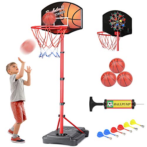 Kamdhenu Kinderspielzeug Basketball Hoop mit Darts Target 2 in 1 mit hochverstellbarer 3,2 Fuß 6,2 Fuß, tragbarer Basketball-Hoop-Innen- und Außenbereich für Kinder im Alter von 3 bis 8 Jahren