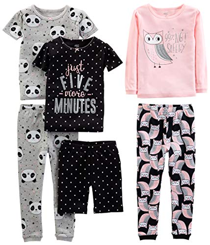 Simple Joys by Carter's Mädchen 6-Piece Snug Fit Cotton Pajama Pyjama-Set, Grau Panda/Rosa Eule/Schwarz Punkte, 8 Jahre (3er Pack)