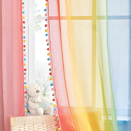 NICETOWN Kinderzimmer Vorhänge mit Bunten Pompons Voile Gardinen mit Ösen 2er Set H 245 x B 132 cm Regenbogen Vorhang Transparent Leinenoptik Gardinen mit Farbverlauf