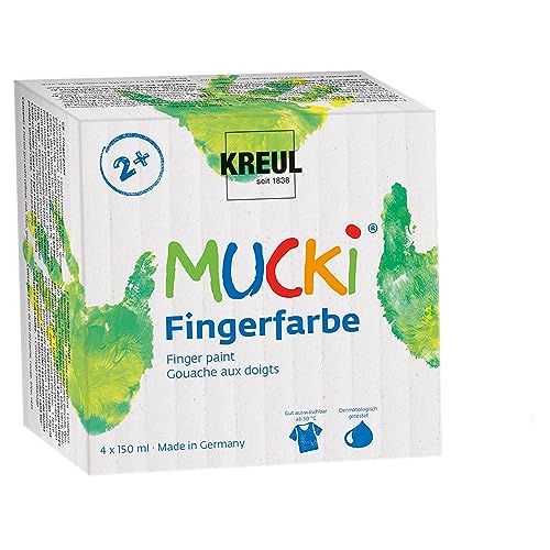 KREUL 2314 - Mucki leuchtkräftige Fingerfarbe, 4 x 150 ml in gelb, rot, blau und grün, parabenfrei, glutenfrei, laktosefrei und vegan, auswaschbar, vermalbar mit Pinsel, Schwamm und Fingern
