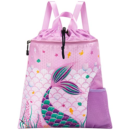 WAWSAM Meerjungfrau Gymnastik Rucksack mit Kordelzug - 38 × 45 cm Sporttasche für Mädchen und Kinder Wasserdichter Schwimmstrand Einkaufssack als Geburtstagsgeschenk