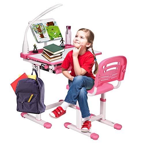DREAMADE höhenverstellbarer Kinderschreibtisch mit Lampe & Bücherständer, Schülerschreibtisch Jugendschreibtisch neigungsverstellbar, Schreibtisch Set für Kinder mit Stuhl und Schublade (Pink)