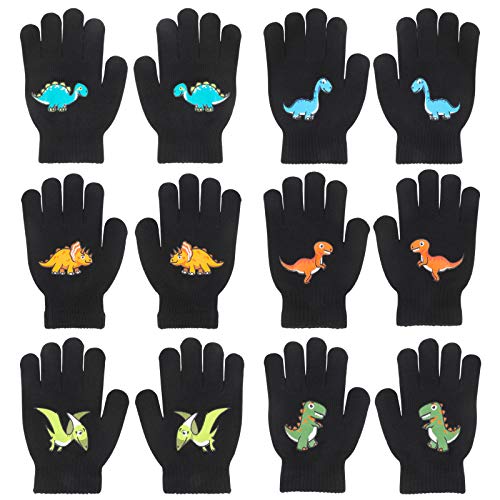 QKURT 6 Paar Magische Handschuhe für Kinder, Winterthermische Handschuhe Vollfinger Kinderhandschuhe Dinosaurier/Baggermuster für Jungen Mädchen