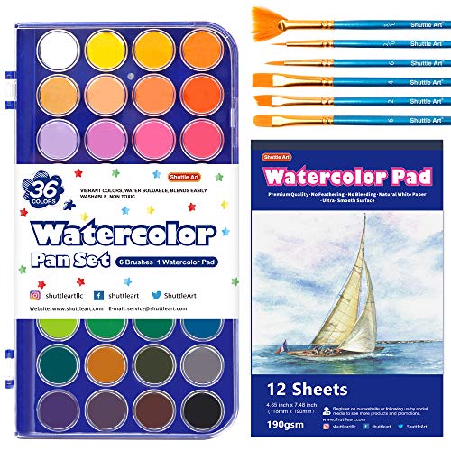 Wasserfarben, Shuttle Art 43 teiliges Aquarell Farbkasten Set, 36 Aquarellfarben mit 6 Pinseln und 1 Aquarellblock, für Kinder, Kleinkinder und Schüler in der Schule und zu Hause geeignet