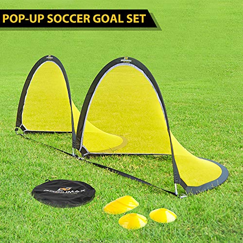 PodiuMax Pop Up 2er Set Fußballtor, 1.8m Breit mit Bodenanker, reflektierenden Kanten und 10 x Hütchen, Tragbar und Leicht Aufzustellen