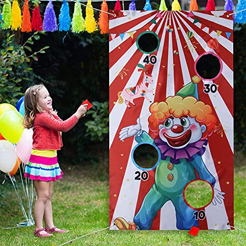 Karneval Wurf Spiel Clown Banner mit 4 Bohnen Säcke， Outdoor-Spiel-Kombi-Set, für drinnen und draußen, Beanbag-Wurfspiel, Party-Spiel, Geburtstagsparty-Dekoration, Zubehör für Kinder und Erwachsene
